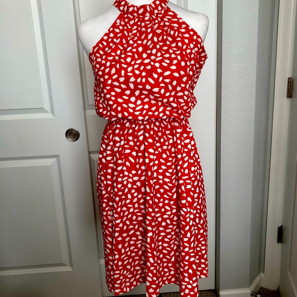 Red and white dress with elastic waist and tie in the back at the neck.